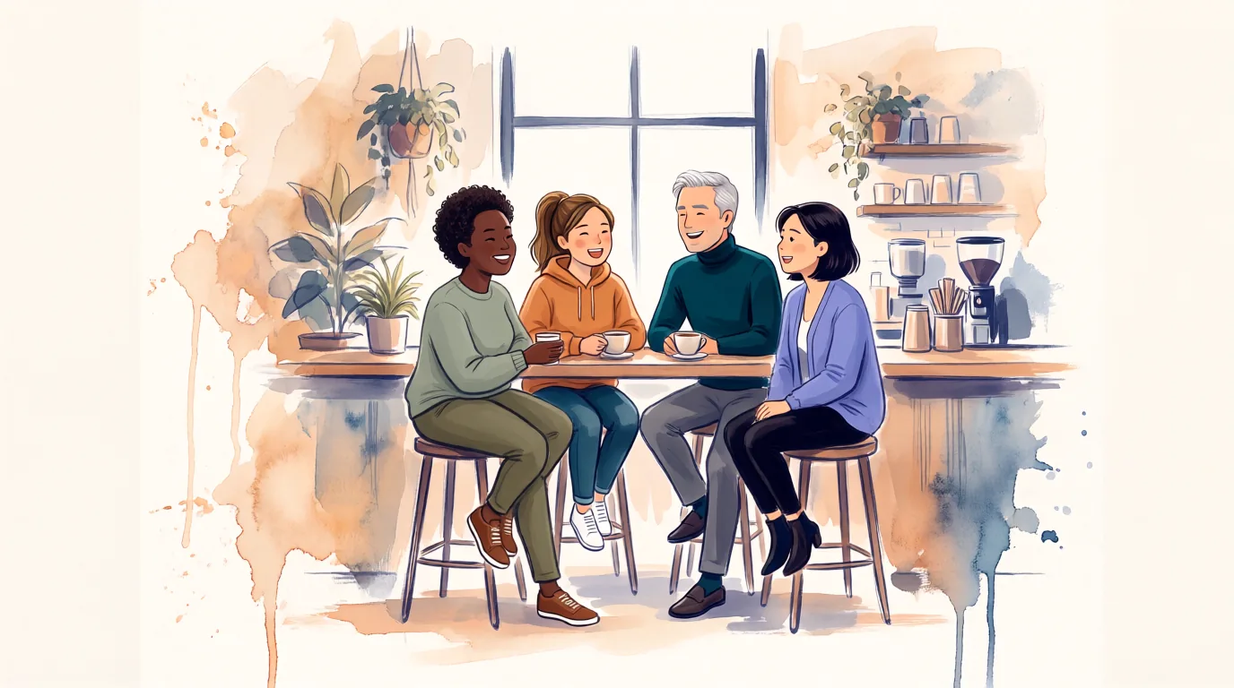 Four friends laughing together on stools at a café window counter over cups of coffee: a woman with short dark curls in a sage sweater, a woman with a ponytail in an amber hoodie, a silver-haired man in a teal roll-neck, and a woman with a dark bob in a periwinkle cardigan.