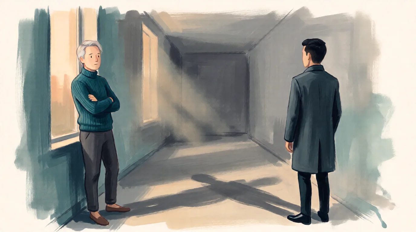 In a grey hallway, a silver-haired man in a teal roll-neck leans by a window with his arms folded, turned half away. A man in a charcoal overcoat stands apart across the hall with his back to the viewer.