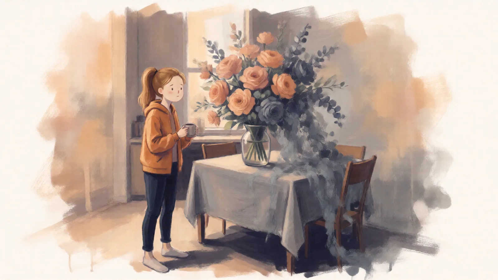 A woman with a ponytail in an amber hoodie holds a mug and looks warily at a huge bouquet on a kitchen table. The top roses are peach; the lower blooms and leaves fade to grey.