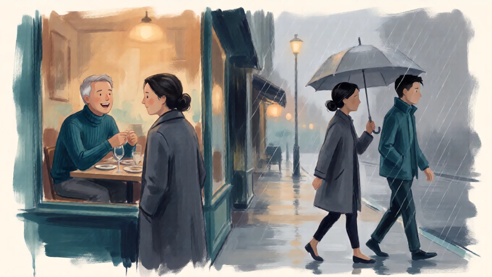 Two halves of one evening. A silver-haired man in a teal roll-neck laughs over dinner with a woman in a charcoal coat. Later, walking home in grey rain, she holds the umbrella over only herself while he walks beside her in the rain.