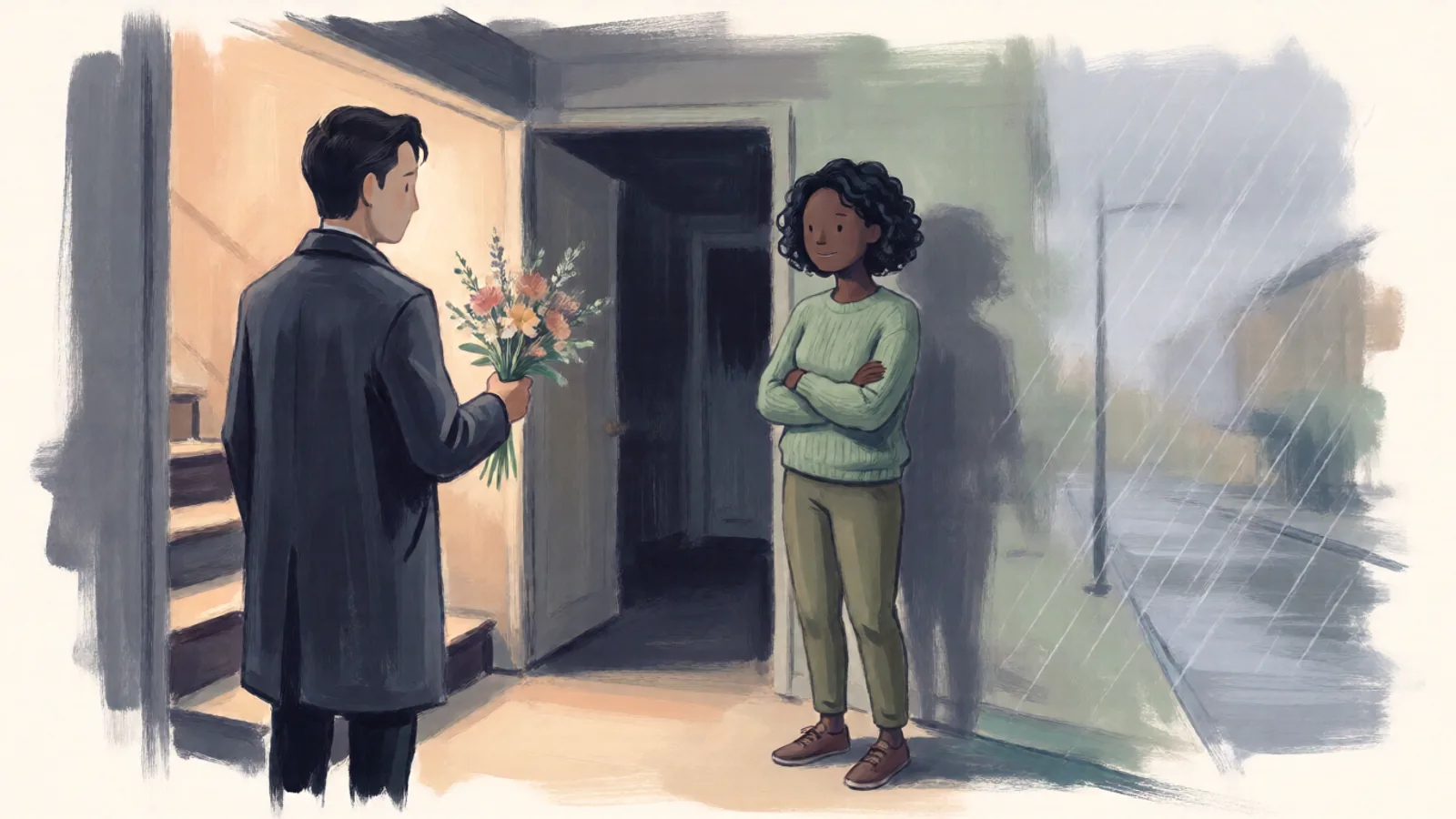 A man in a charcoal overcoat holds out a bunch of flowers at a doorway. A woman with short dark curls in a sage jumper stands with her arms folded, calm, and does not take them. Grey rain falls in the street behind her.