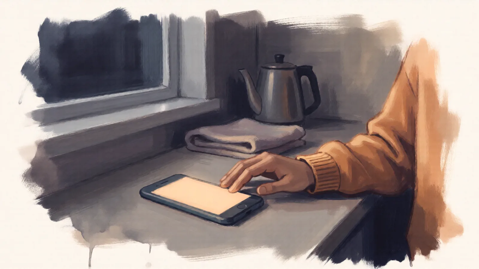 A phone lights up on a grey kitchen counter. A hand in an amber sleeve rests at its edge without picking it up.