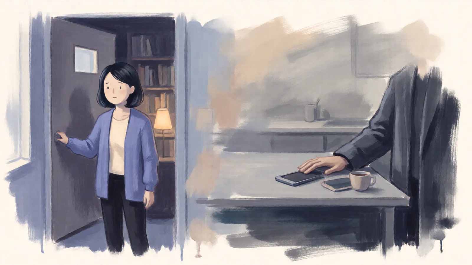 Two halves. On the left, a woman with a dark bob in a periwinkle cardigan quietly closes the door of a small study. On the right, a hand in a charcoal sleeve rests flat on top of a phone on a grey kitchen table.