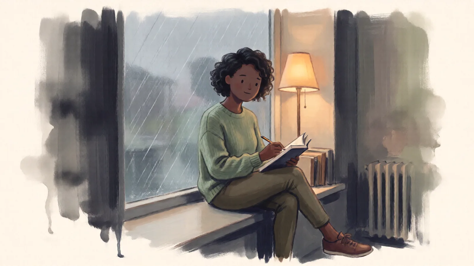 A woman with short dark curls in a sage jumper sits calmly on a window seat writing in a notebook by a warm lamp while grey rain runs down the window.